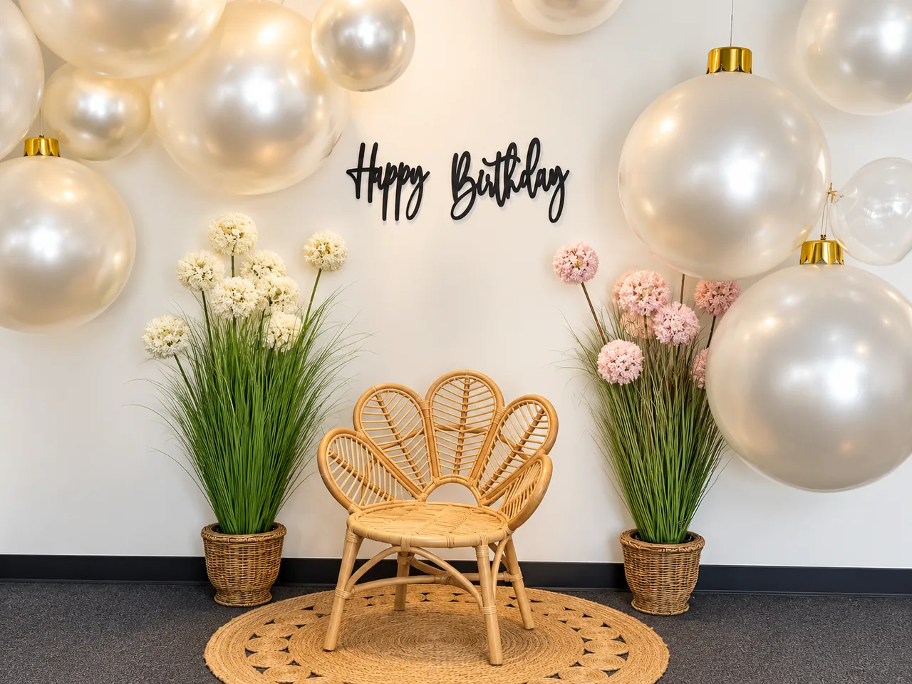 Birthday photo area with pearl balloons, a Happy Birthday sign, flowers, and a wicker chair.