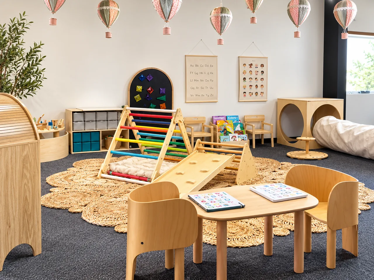 Activity room with child-size wooden tables and chairs, a climbing triangle, books, and hot-air-balloon decorations.