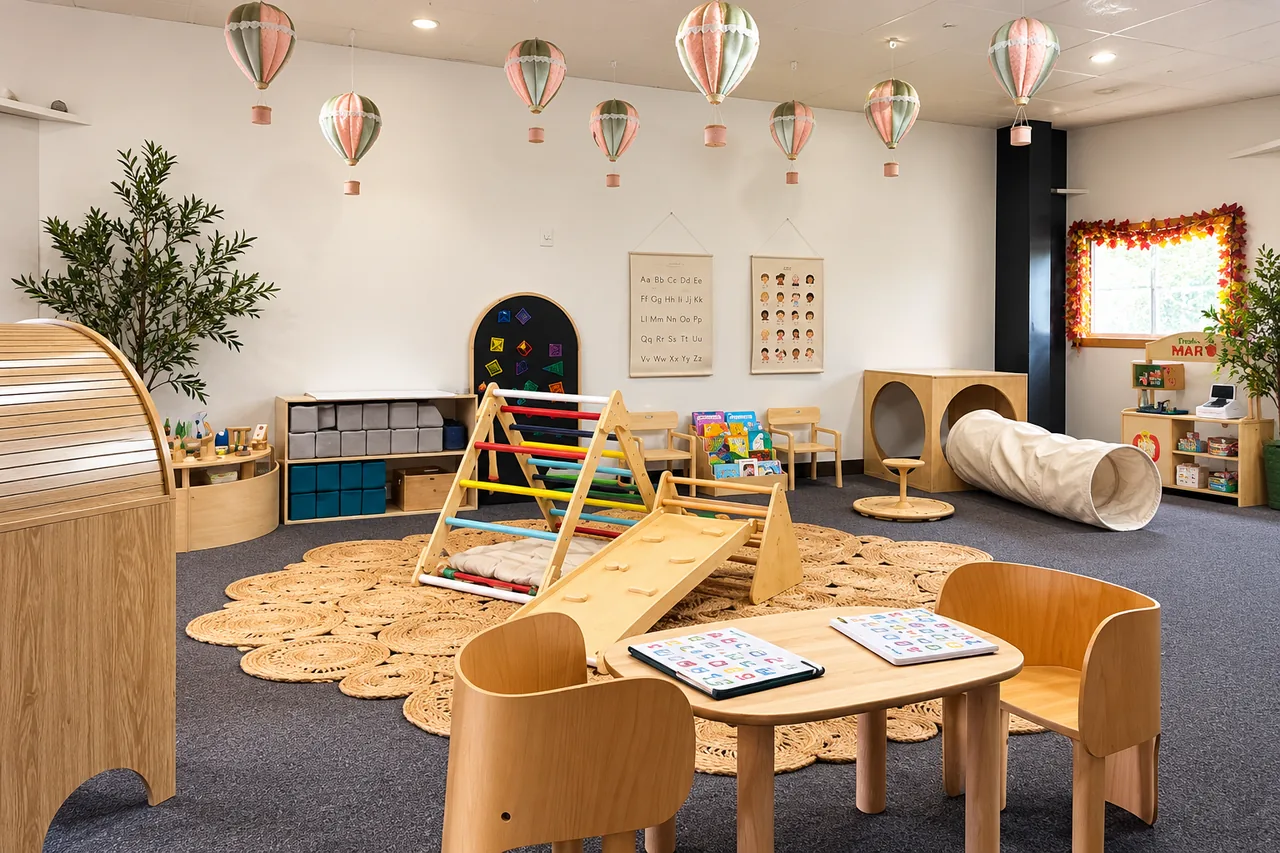 Wide view of the activity room with wooden play furniture, books, and hanging hot-air balloons.