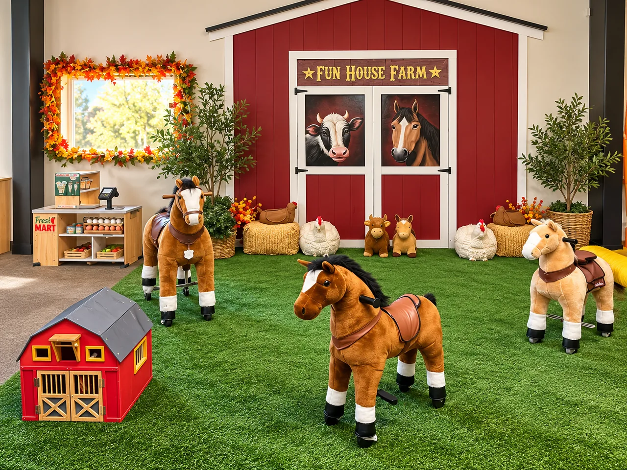 Fun House Farm pretend-play area with ride-on toy horses, a red barn backdrop, and a pretend market.