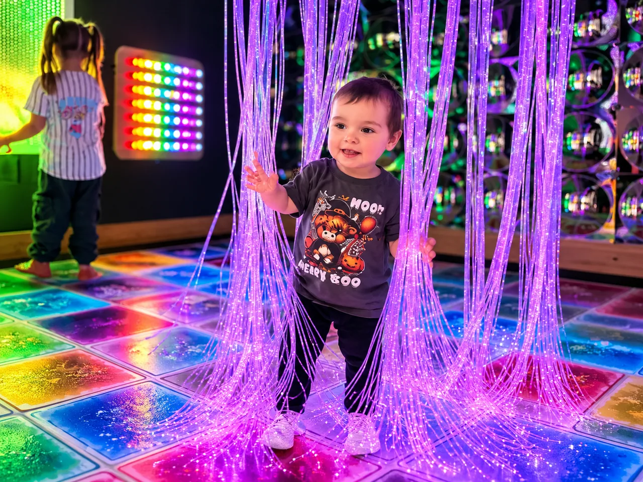 Toddler walking through glowing purple light strands on colorful light-up floor tiles, with a light panel and mirrored wall behind.