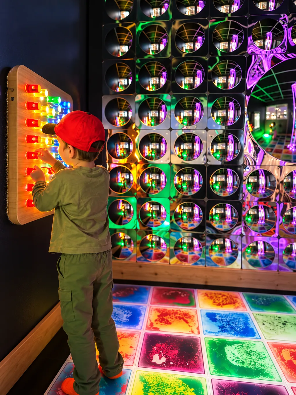 Child pressing buttons on a light-up wall panel beside glowing floor tiles and a mirrored wall.