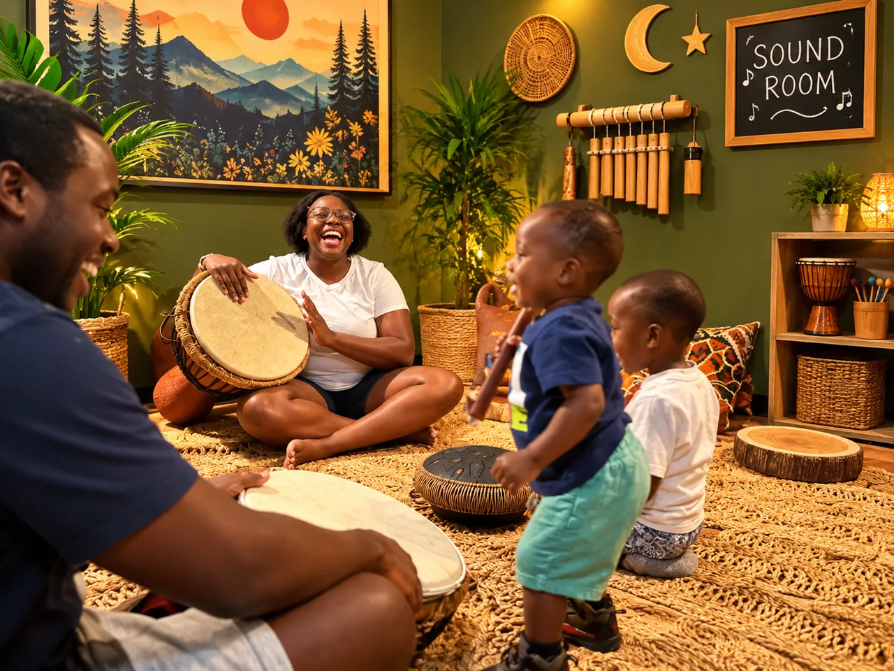 Family playing hand drums together in the Sound Room, with chimes, plants, and a Sound Room chalkboard sign.