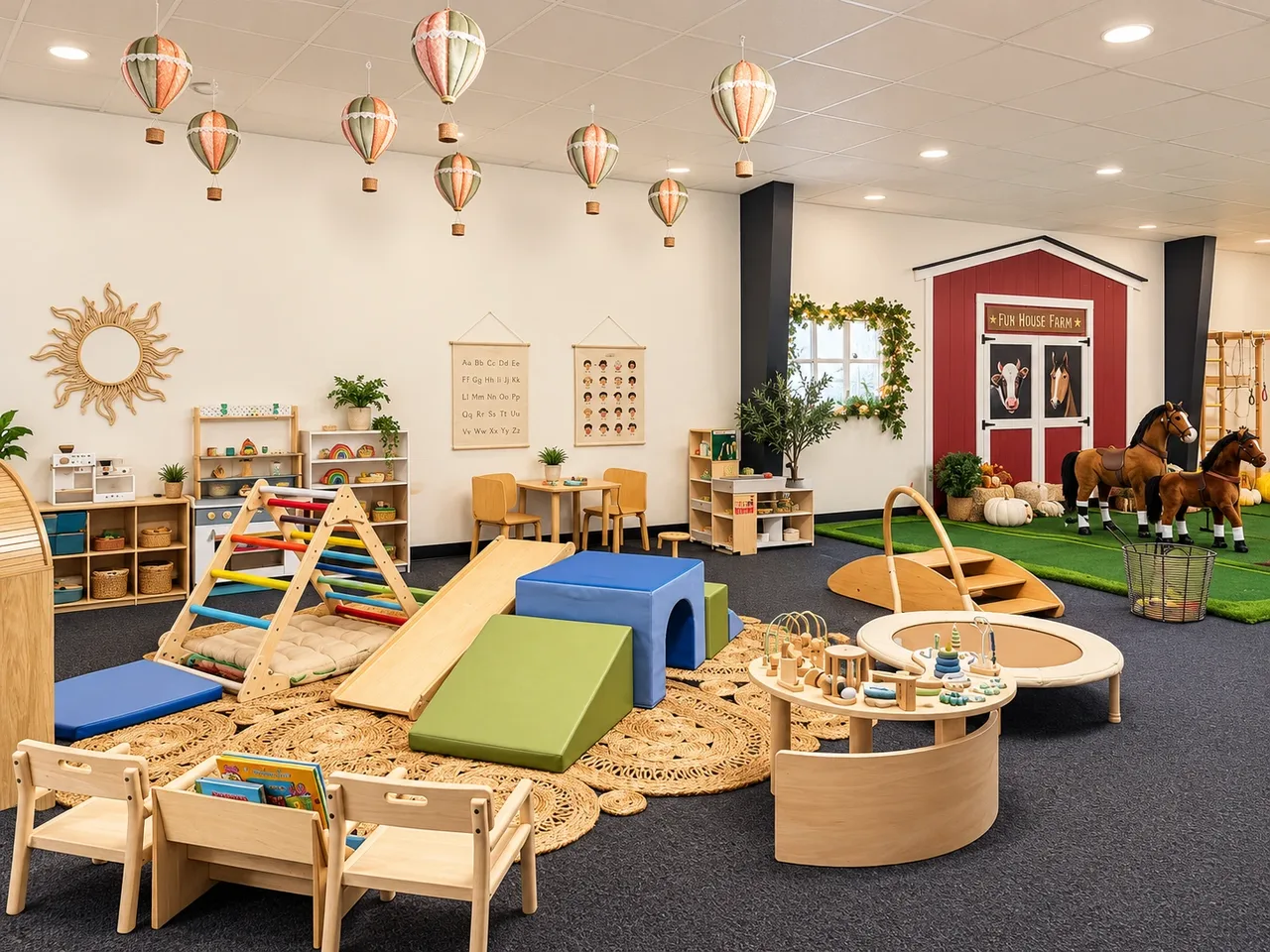 Toddler area with a wooden climbing triangle, soft play ramps, a bead table, and the Fun House Farm barn with toy horses behind.