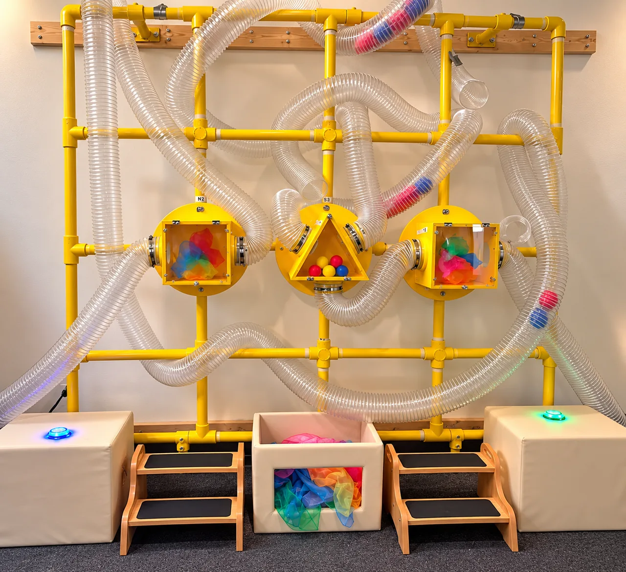 Wind tube wall with clear twisting tubes carrying colorful scarves and balls.